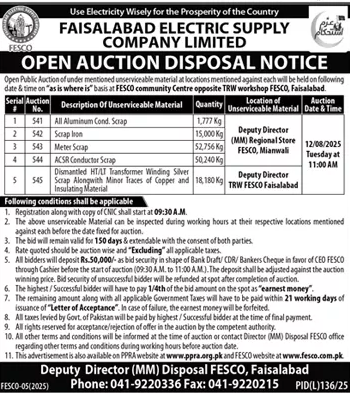 Faisalabad Electric Supply Company Limited Tender Notice